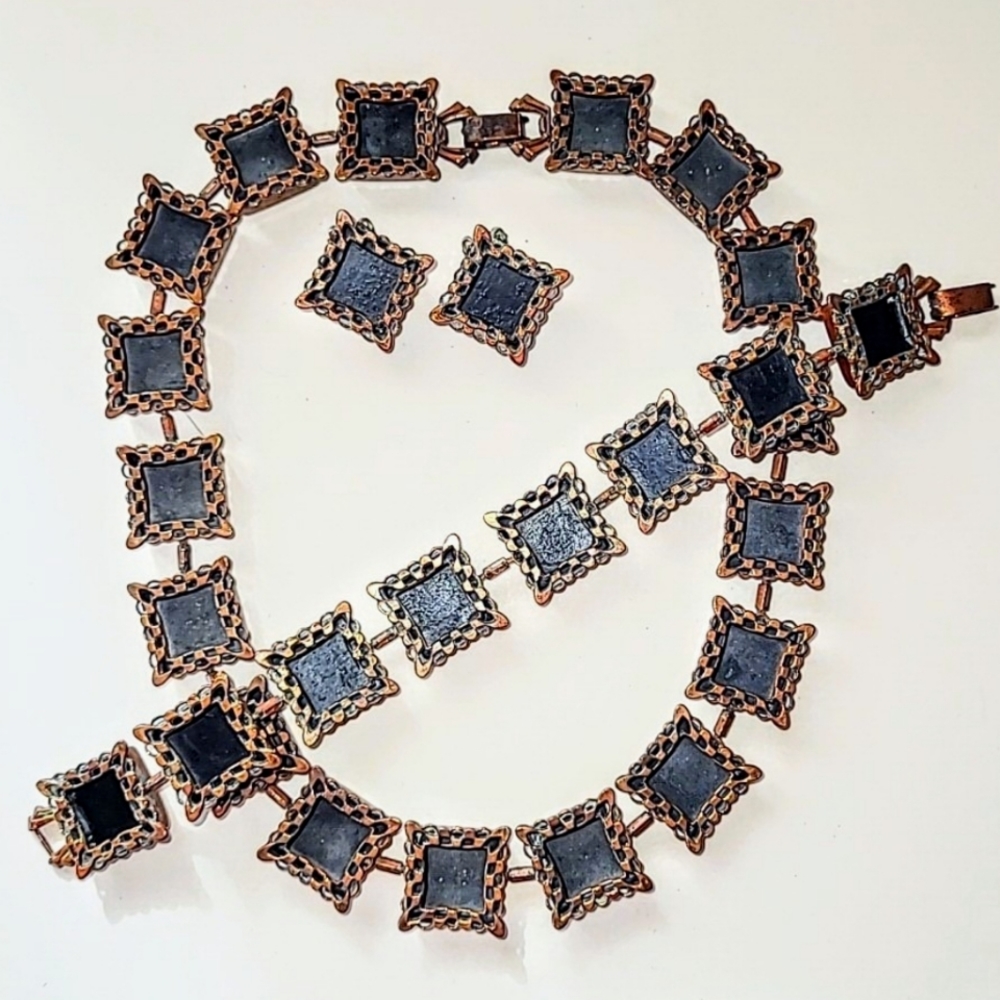 VINTAGE RENOIR "EBONY LACE" COPPER PARURE 3 PC. SET